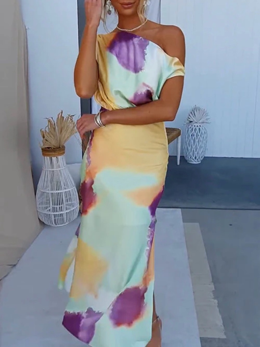 Off-Shoulder Satin Maxi Dress in Pastel Yellow & Purple